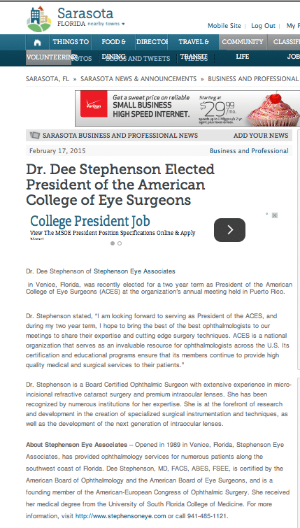 Sarasota Florida Dr Dee Stephenson Elected Predident of the American College of Eye Surgeons