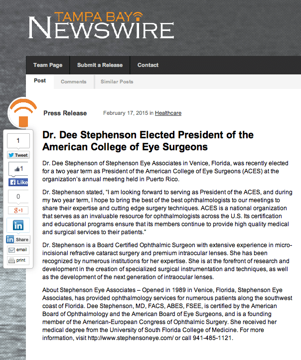 Tampa Bay Newswire Dr. Dee Stephenson Elected President of the American College of Eye Surgeons