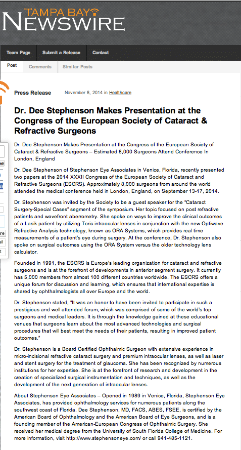 Dr. Dee Stephenson Makes Presentation at the Congress of the European Society of Cataract and Refractive Surgeons