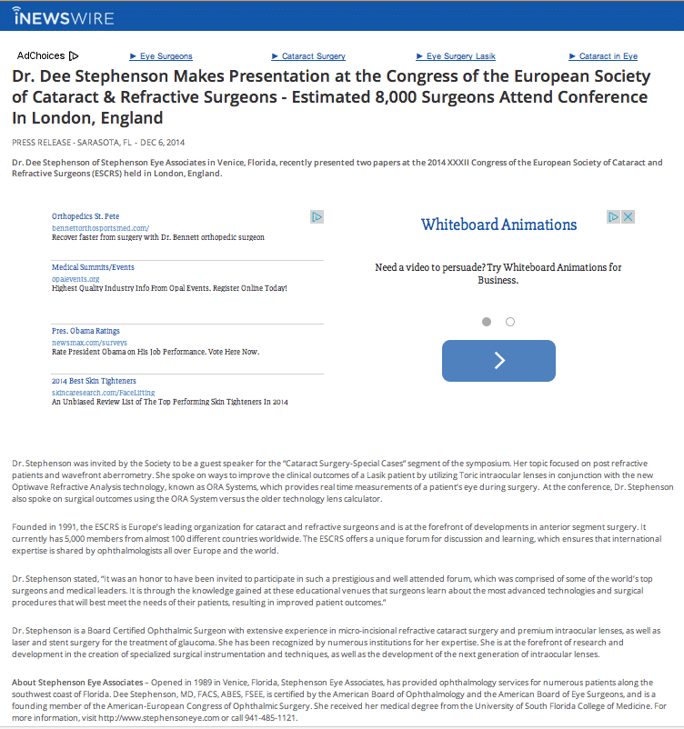 Dr. Dee Stephenson Makes Presentation at the Congress of the European Societ of Cataract and Refractive Surgeons - Estimated 8,000 Surgeons attend Conference in London, England