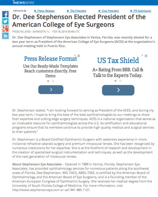Dr. Dee Stephenson Elected President of the American College of Eye Surgeons